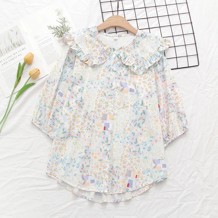 Vintage Peter Pan Collar Shirt for Women, Kawaii Flower Shirts, Casual Button Up, Short Sleeve, Lolita Blouses, Korean Loose Top