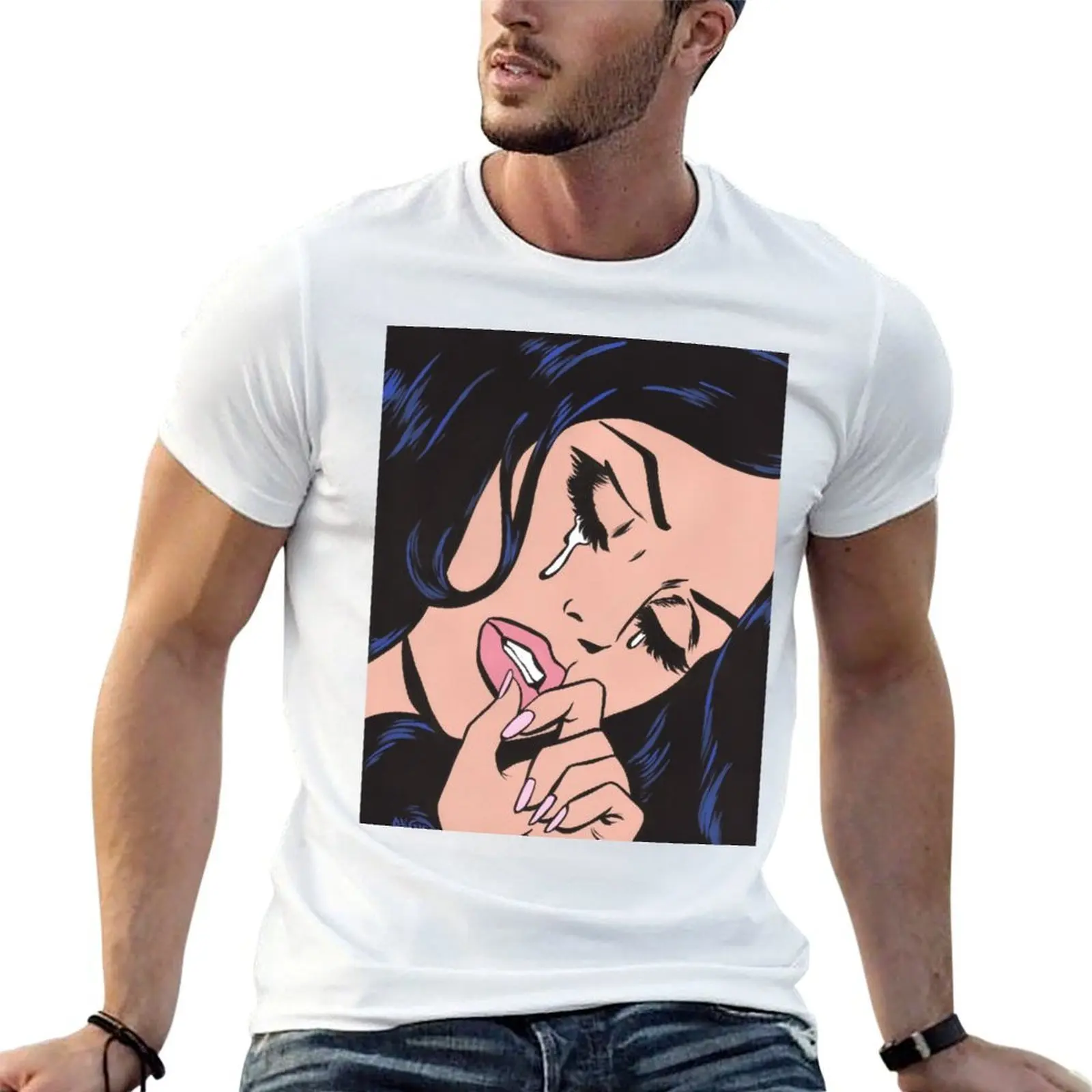 Black Hair Crying Comic Girl T-Shirt vintage graphic tee cute clothes Short sleeve tee men