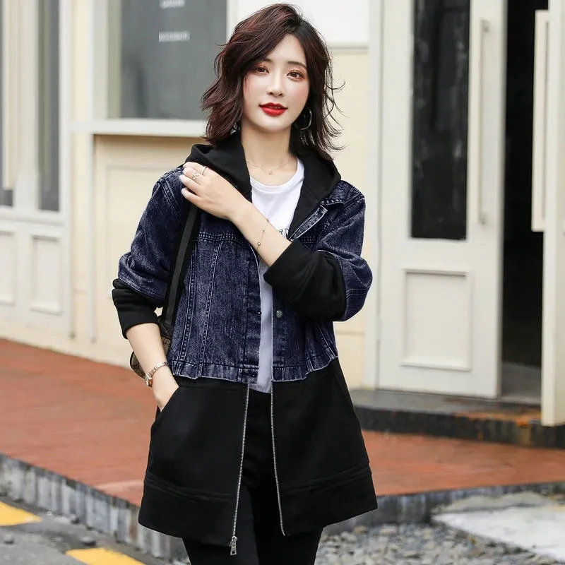  Women's Spring And Autumn TopsAutumn New Korean Version Casual All-match Windbreaker Mid-Length Hooded Stitching Denim