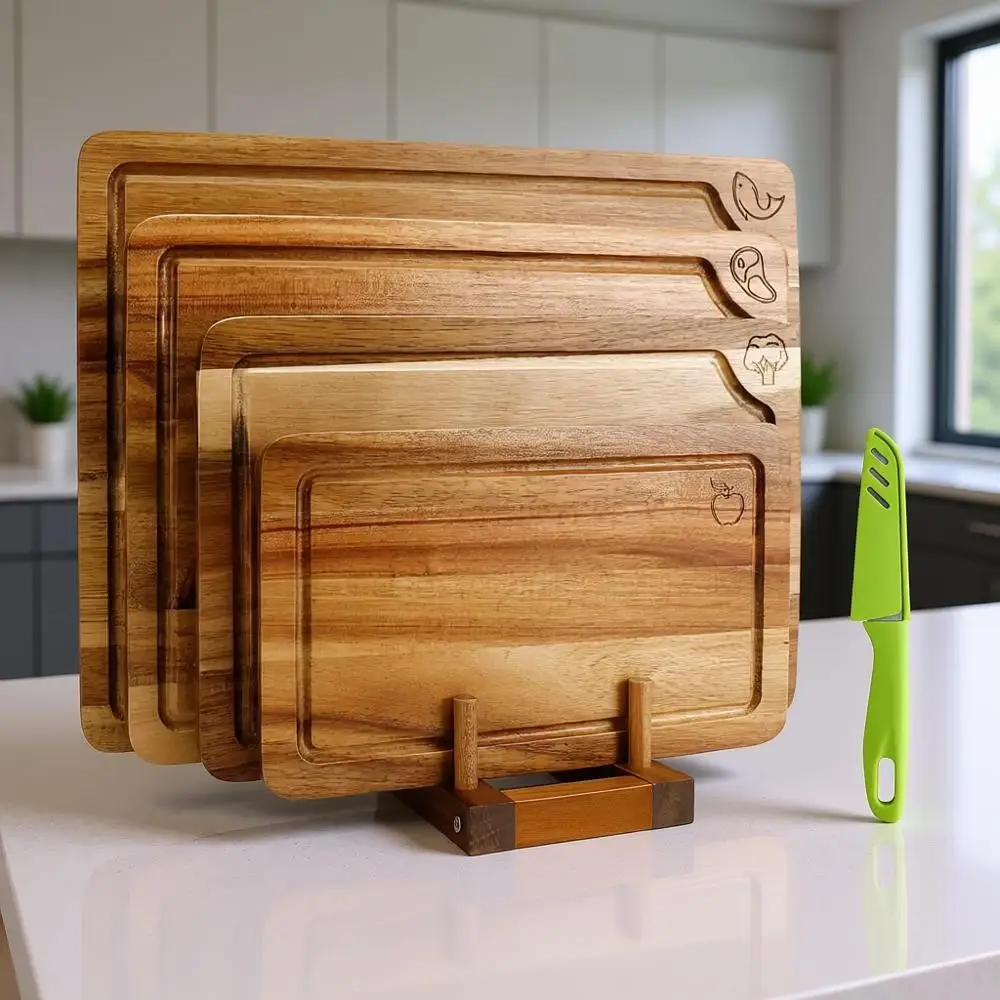 

Набор из 4 деревянных разделочных досок для кухни, идеально подходит для мяса, овощей, фруктов и сыра