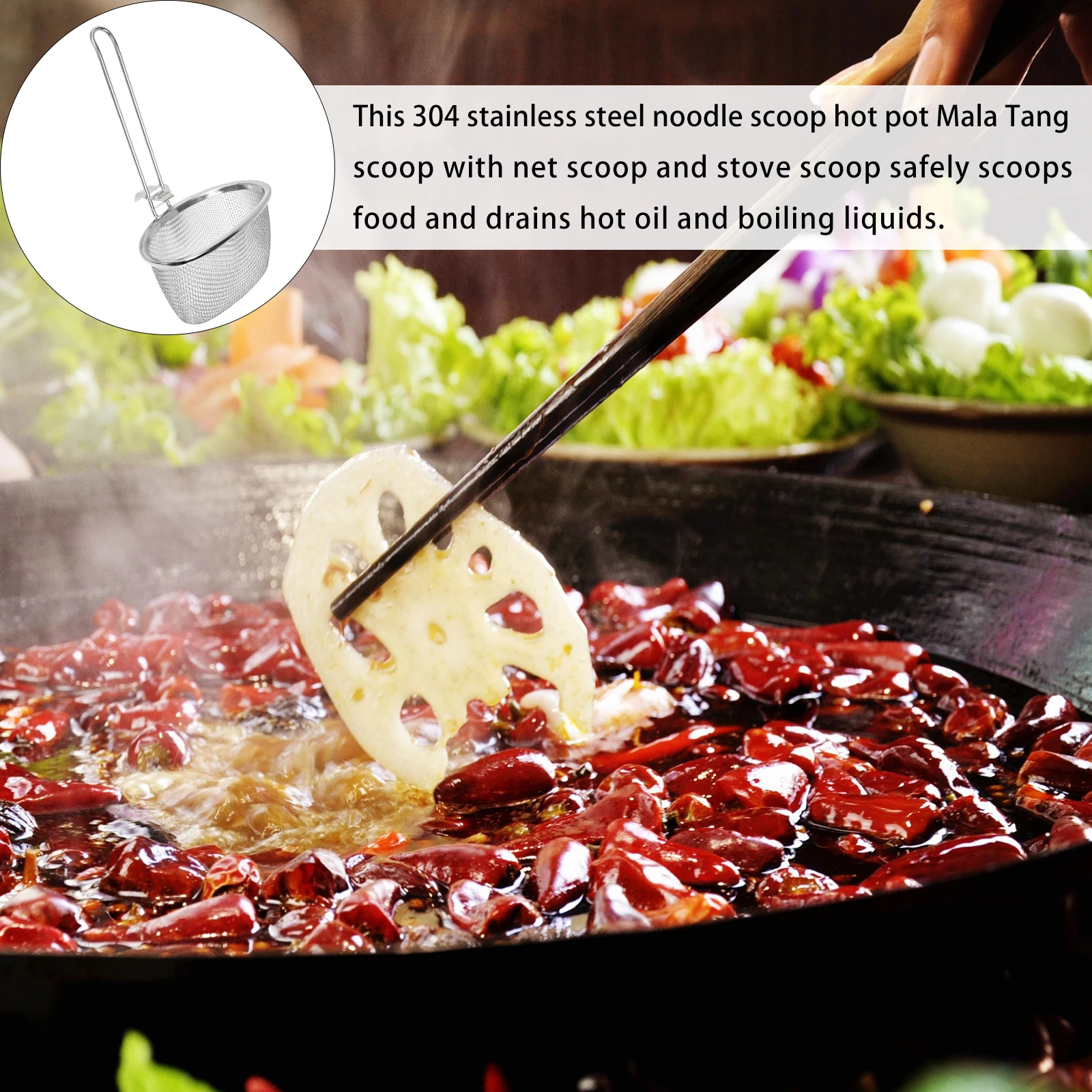 

1pcs Stainless Steel Colander Spoon Fine Mesh Skimmer For Hot Pot Noodle Cooking Oil Filtering Kitchen Gadgets Utensils