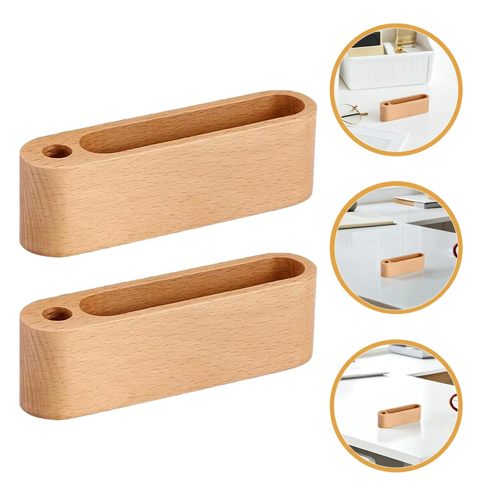 

2 Pcs Solid Wood Business Card Holder Desk Case and Pen Display with Slot Stand