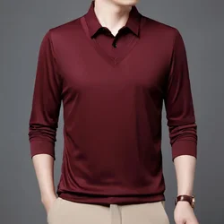 New Men's Spring and Autumn Long Sleeved Fake Two Piece Polo Shirt Solid Color Trendy Fake Two Piece Long Sleeved T-shirt