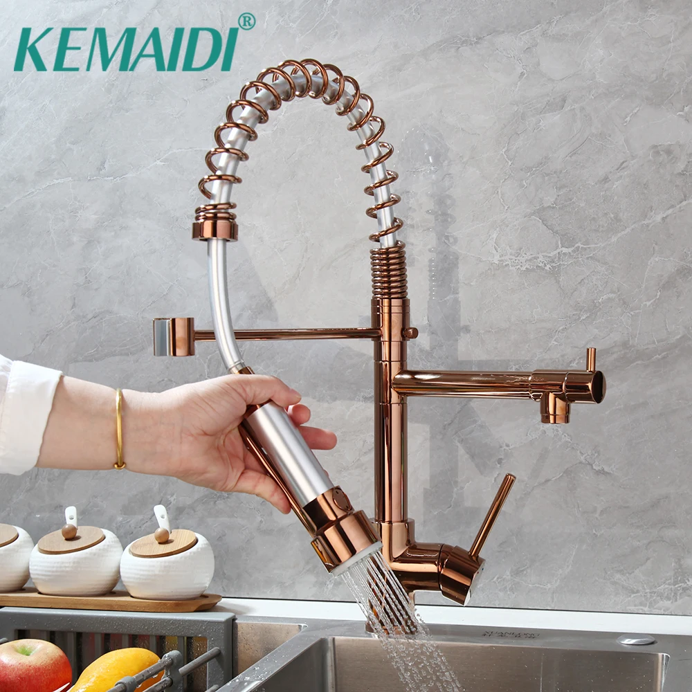 

KEMAIDI Pull Out Kitchen Faucet torneira Rose Gold Faucets Deck Mount Dual Water Way Sprayer Hot Colc Kitchen Sink Mixer Tap