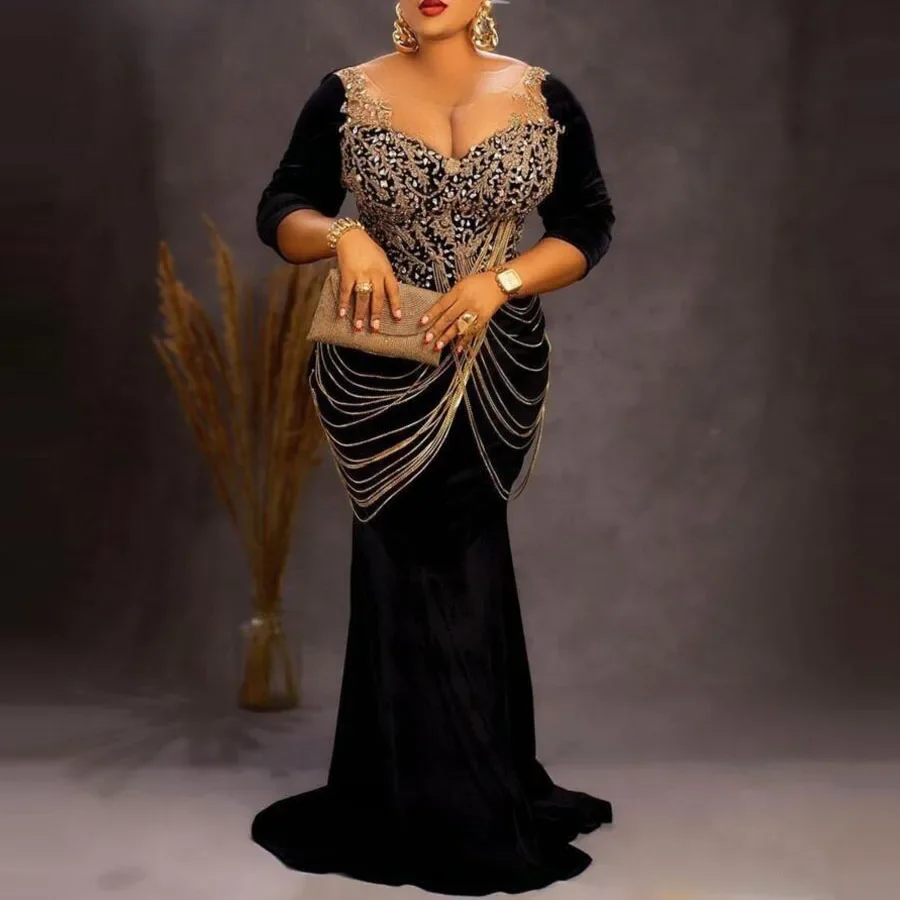 

Sexy Neckline Half Sleeves Beads Crystals Plus Size Prom Dress Tassels Velvet Mermaid Evening Dresses For African Women Vestidos