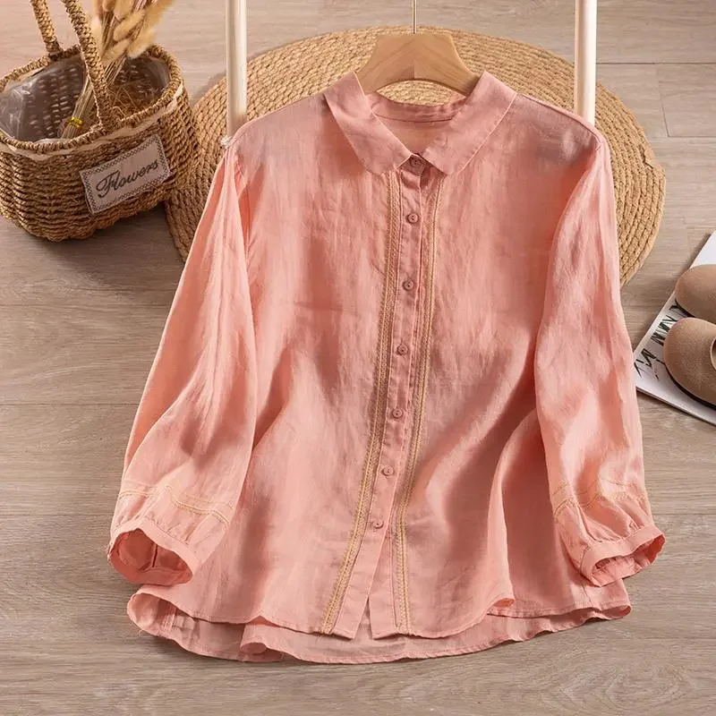 

Женская хлопковая блузка в корейском стиле с вышивкой, отложным воротником и рукавом 3/4, повседневная свободная рубашка