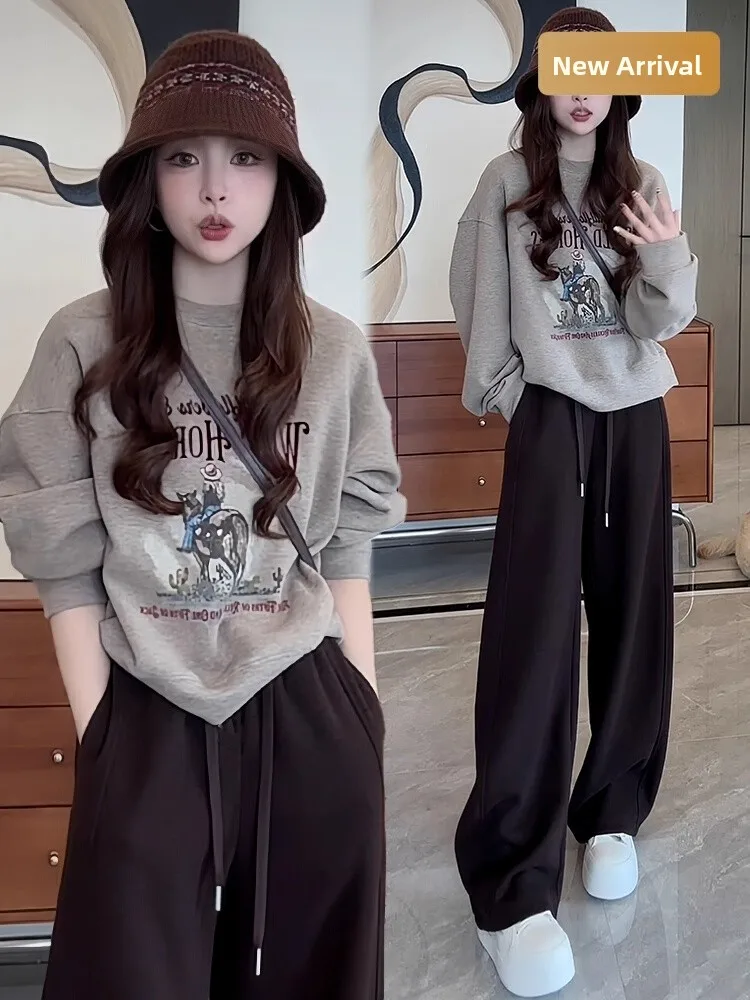 

Fashionable Streetwear round Neck Sweatshirt High Waist Wide Leg Pants Two Piece Set Women's Lazy Chic Style Autumn Collection