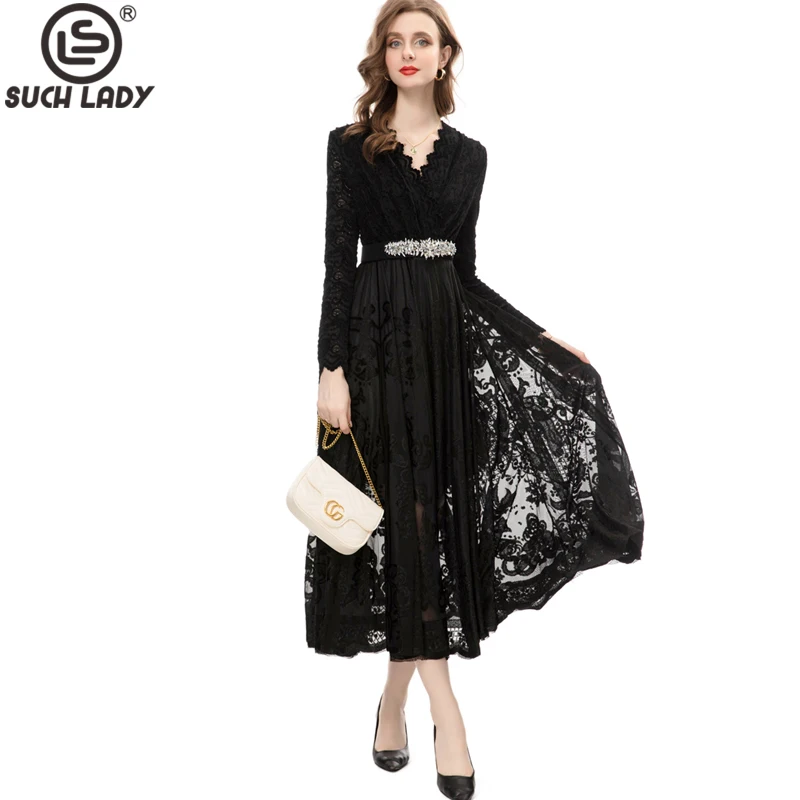 

Women's Runway Dresses V Neck Long Sleeves Beaded Waist Printed Lace Velvet High Street Designer Vestidos