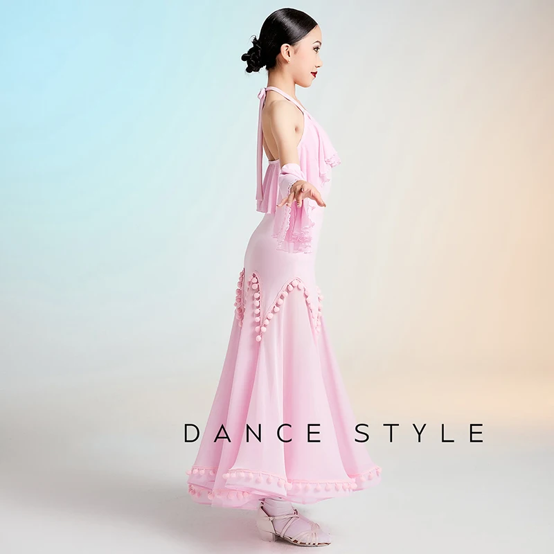 소녀를위한 핑크 표준 댄스 복장 경쟁 공연 착용 현대 볼룸 댄스 복장 홀터넥 바디 슈트 스커트 세트 AMY3158