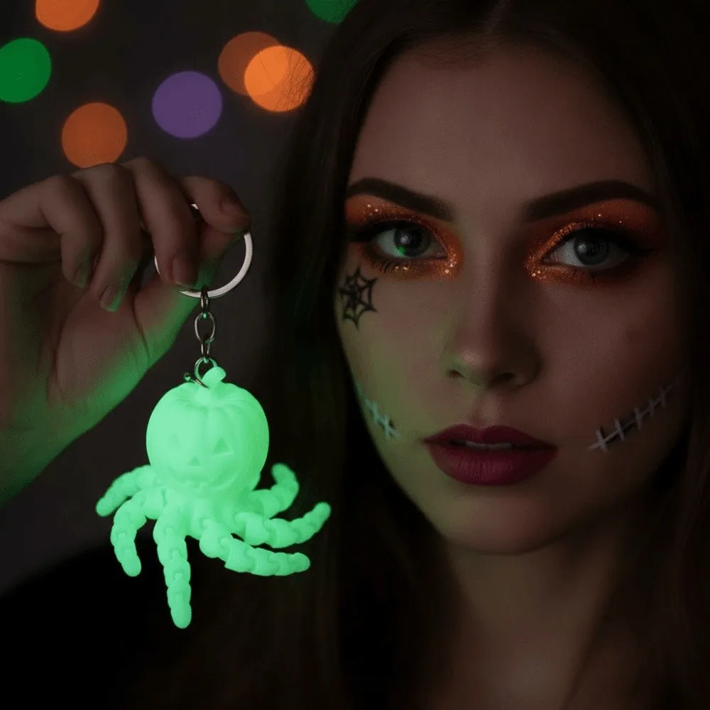 Glow In The Dark Pumpkin Key Chain Articulated Jointed Flexible Tentacles Fidget Vibrant Colors Creative Shape Luminous Pendant