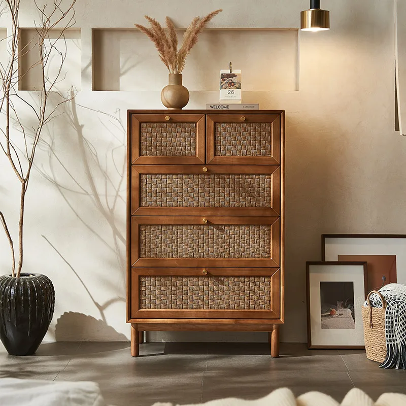 Solid wood rattan four chest cabinet simple modern medieval art dining side drawer storage cabinet Japanese entrance
