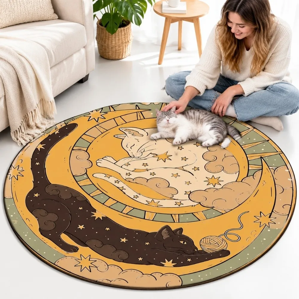 Moon Star Print Round Cat Rug Crystal Velvet Non-Slip Mandala Area Rug Soft Surface Abrasion-resistant Animal Shaped Carpet