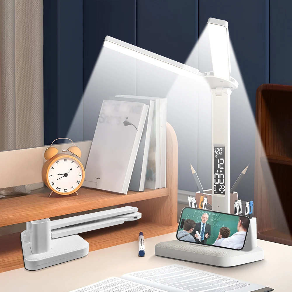 3 Color Foldable Table Lamp Smart Display Clock Desk Lamp Bedroom Decoration Lamp Study Reading Office Night Light LED Desk Lamp