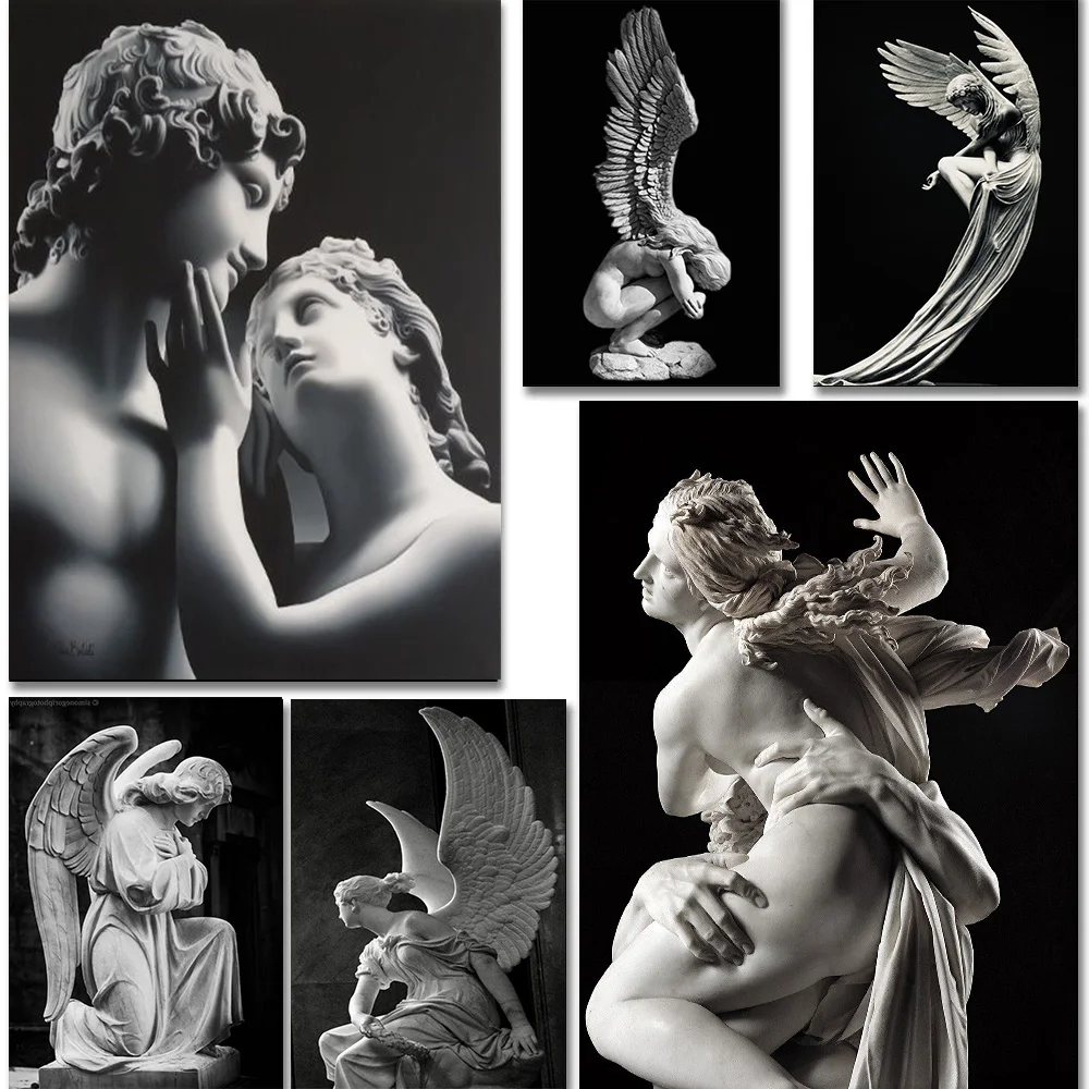 

Black And White Art Angel Statue Poster Prints For Living Room Home Decor Classic Figure Sculpture Canvas Painting Wall Art