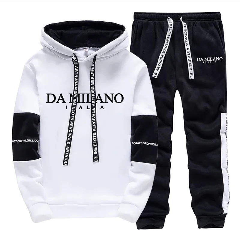 Conjunto Deportivo para Hombre en Blanco y Negro para Otoño e Invierno, Sudadera con Capucha Casual, Ropa Deportiva para Correr al Aire Libre, Pantalones y Sudadera con Capucha a la Moda
