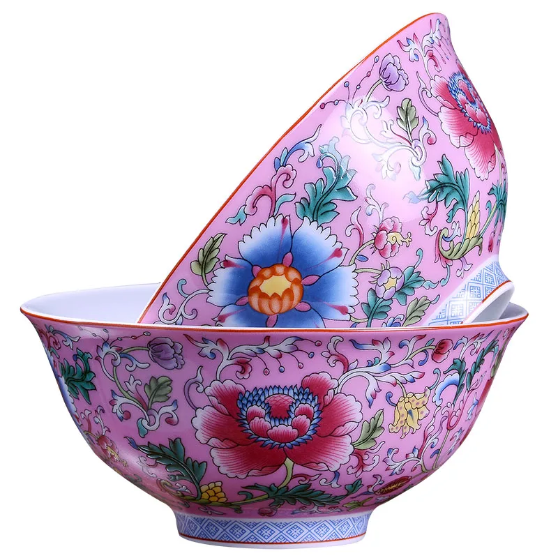 Chinese Famille Rose Porcelain Bowl Household Rice Bowl Large Noodles in Soup Bowl Palace Antique Tableware Bowl Ramen Bowl