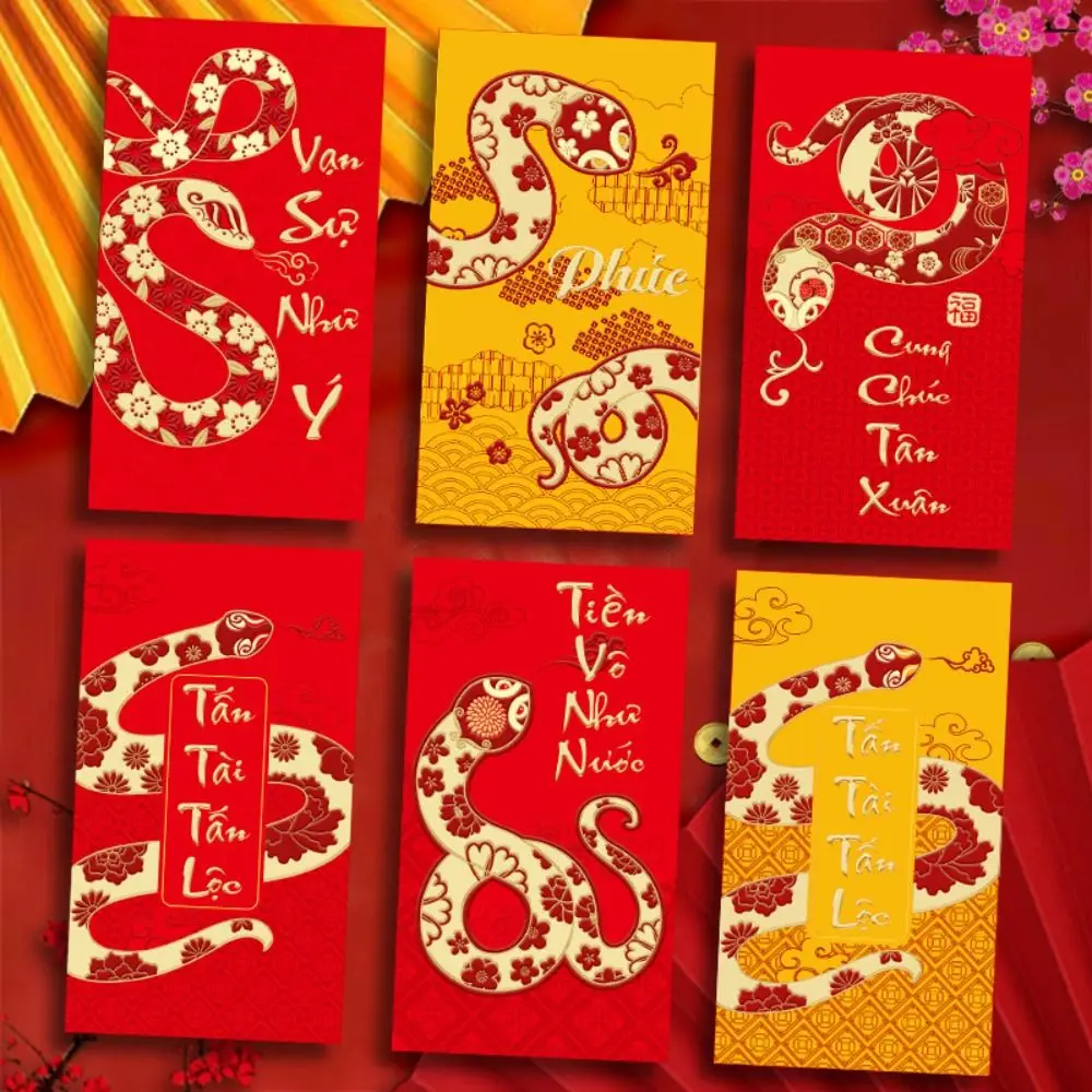 6PCS Vietnam 2025 New Year Red Envelope Blessing Best Wishes Snake Pattern Money Envelope Money Bags Spring Festival