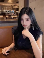 Retro V-ne Chiffon Blouse Women's Summer Design Sense Exquisite Beautiful Top Svel Lace Trim Commuting Sle Slim Fit - Image 2