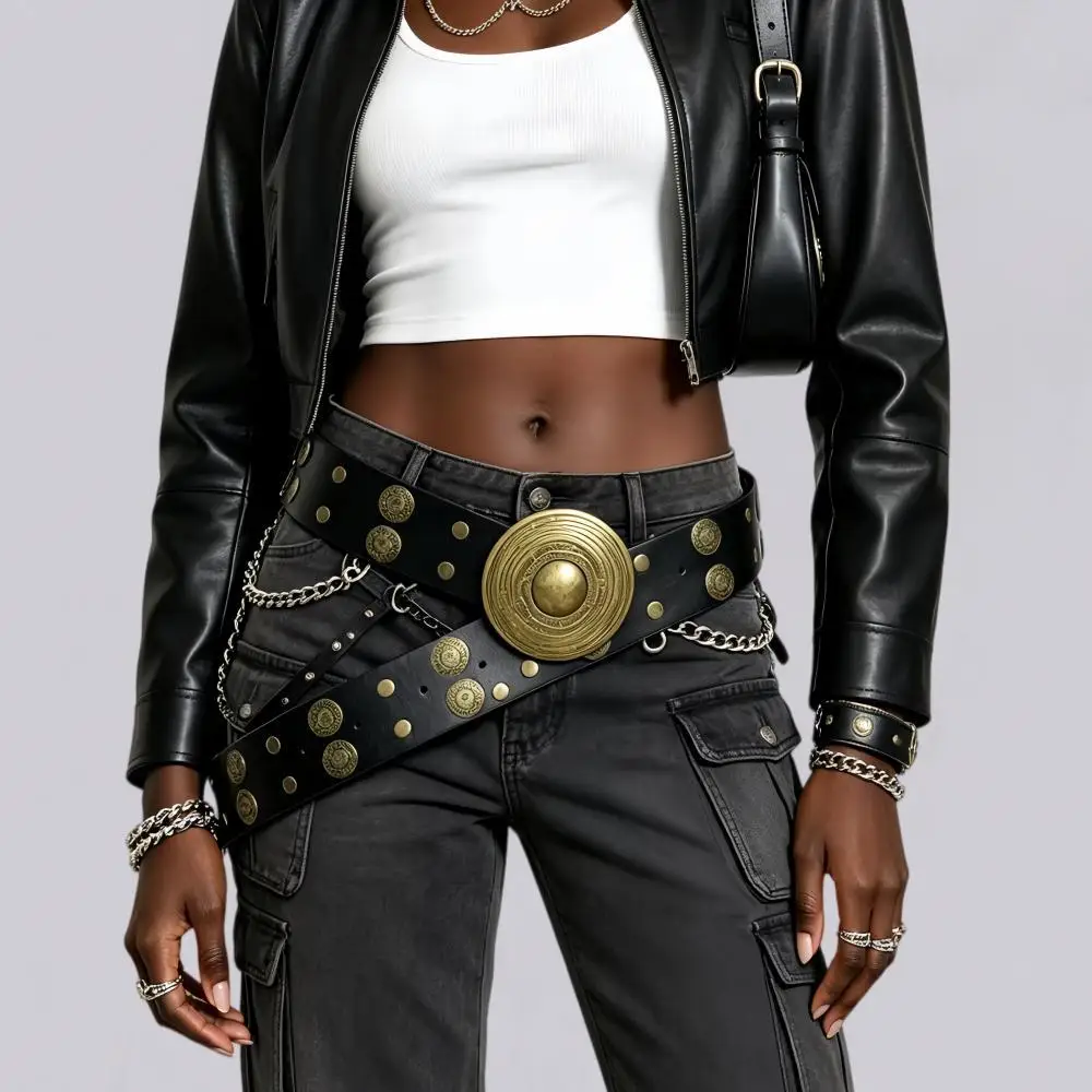 Women Y2k Vintage Wide Waist Belt Pu Leather Rivet Coin Decor Round Buckle Boho Waistband For Jeans Dresses Jackets Daily Party