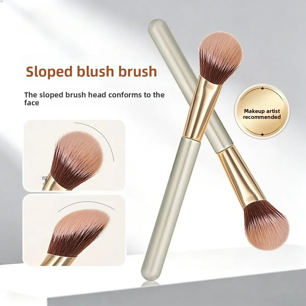 Slanted Stippling Brush for Blush & Contour 2-in-1 Cream/Powder Makeup Tool Angled Face Brush for Highlighting & Natural Blendin