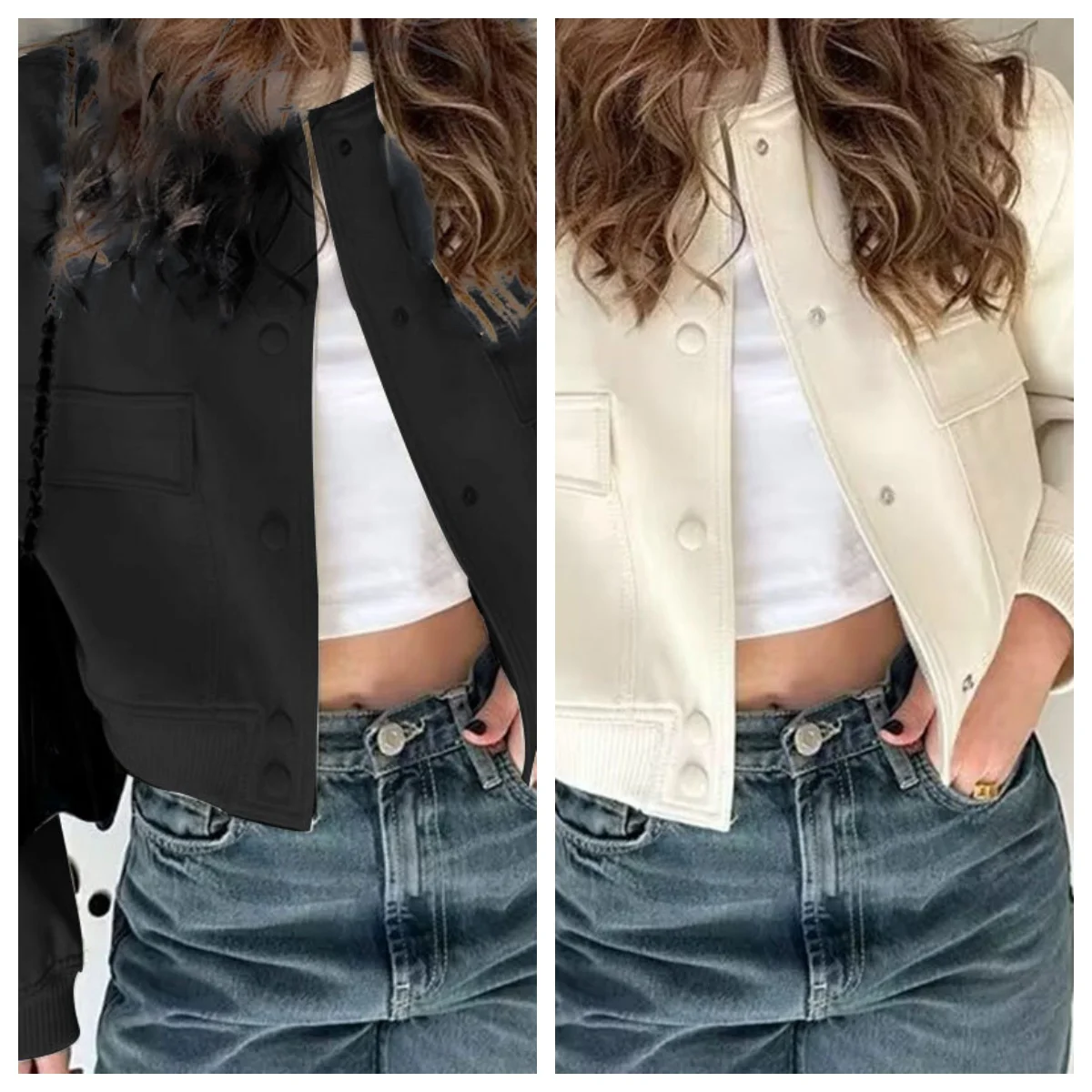 

Autumn Fashion Bomber Jacket For Women Casual Solid Long Sleeve Button Crop Coat with Pocket Female Vintage Loose Outwear