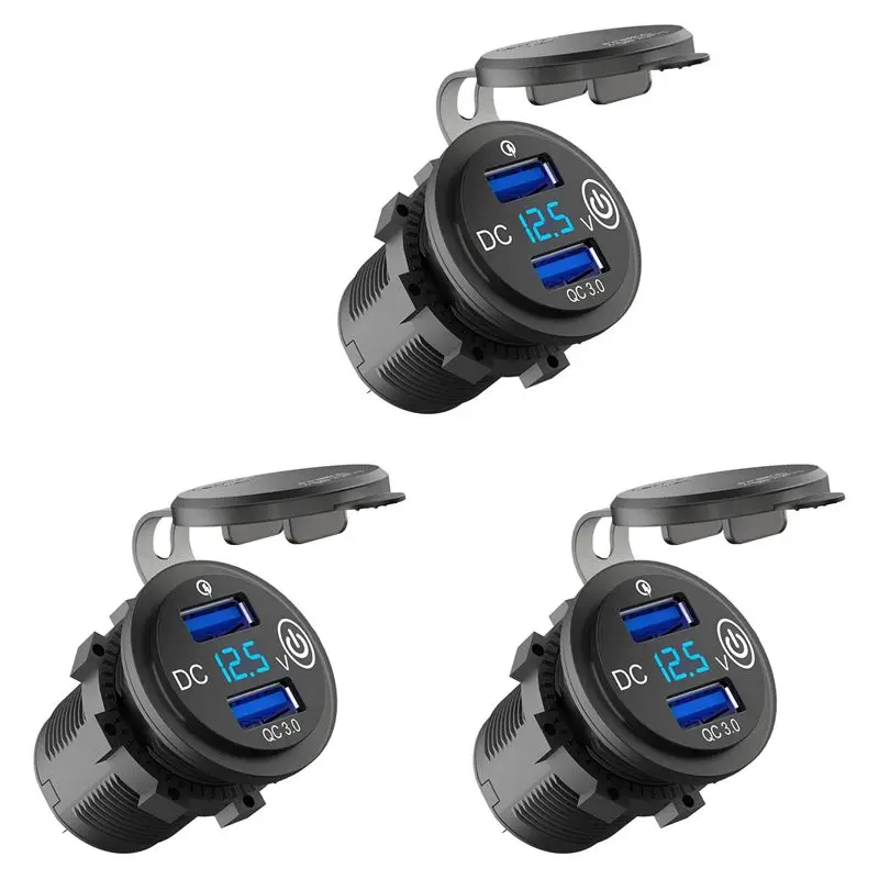 

3X 12V USB Outlet, Quick Charge 3.0 Dual USB Car With Contact Switch And Voltmeter For 12V/24V Motorcycle Car-N30R