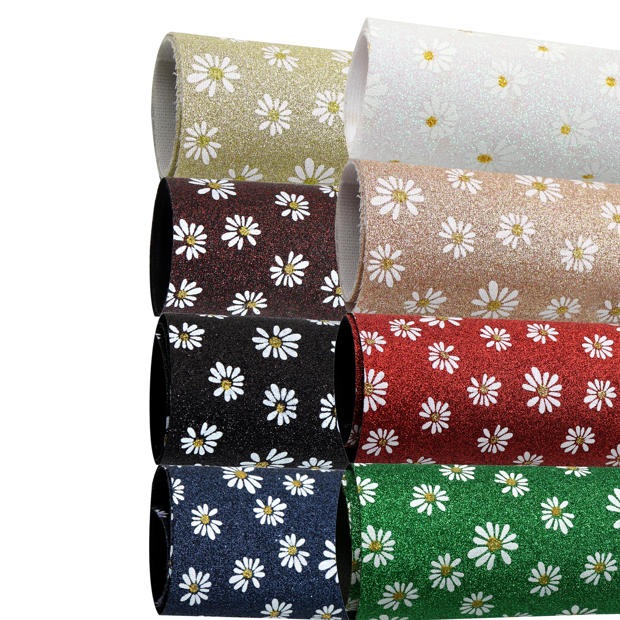 1Pc 7.87x12.99inch  Fine Glitter Leather Sheets Daisy flower Printed Luminous effect Synthetic Leather Fabric