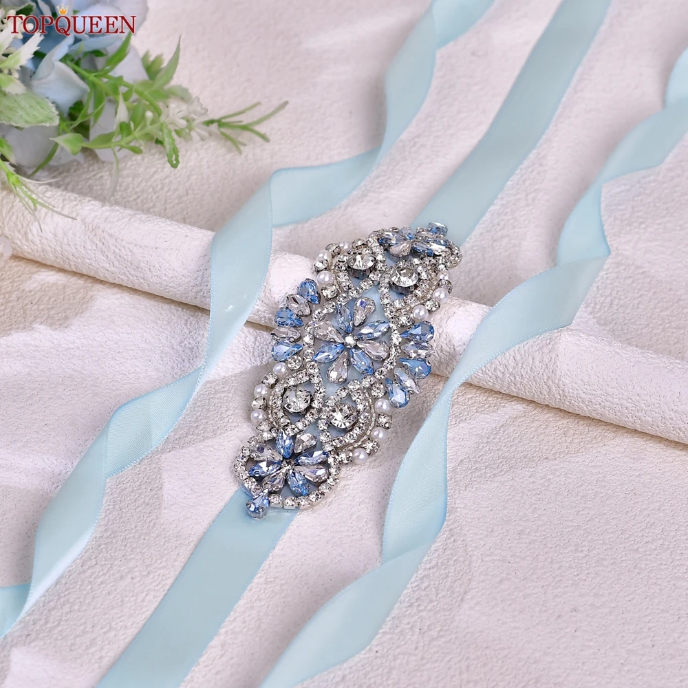 

TOPQUEEN Light Blue Rhinestone Patch Belt Birthday Party Wedding Handmade Sash Affordable Bridesmaid Belt Bridal Accessories S76