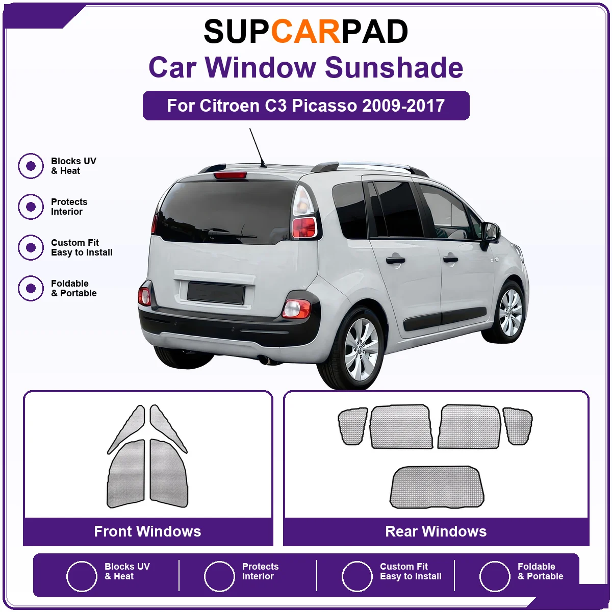 For Citroen C3 Picasso 2009-2017 Pre‑Cut Auto Window Sunshade Anti‑UV Car Sun Visor Protector