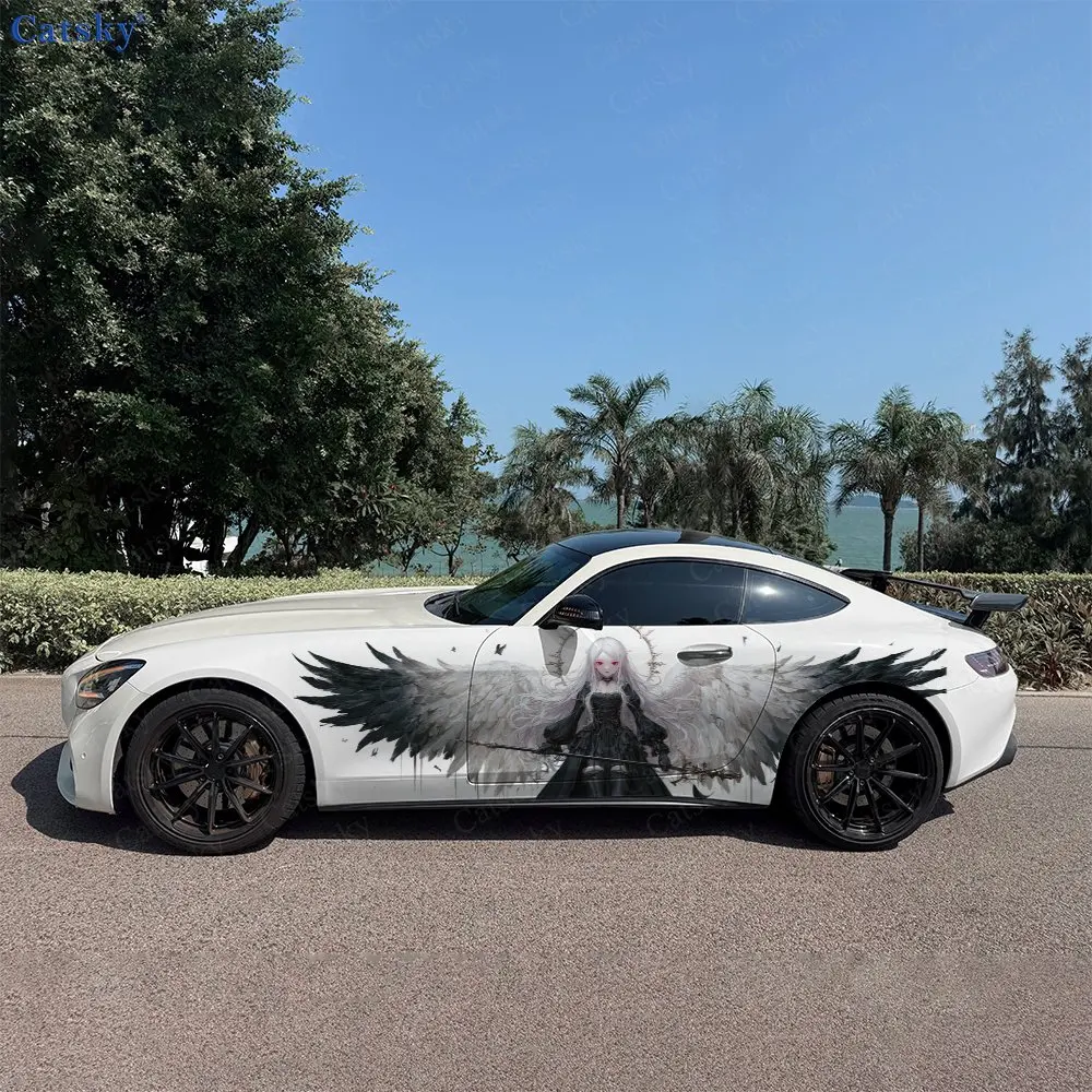2Pcs Falling Feather Halo Winged Girl Car Side Wraps, Self-Adhesive PVC Waterproof & Scratch-Resistant Stickers, Car Accessory