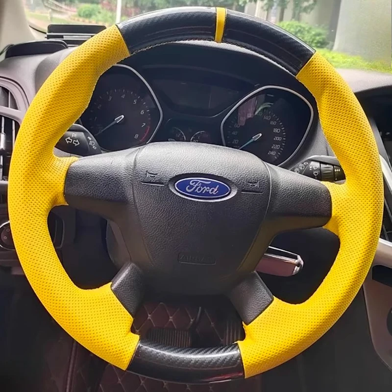 

Для Ford Focus 3 2012 C-MAX 2011 KUGA Escape 2013-2016 чехол на руль из углеродного волокна желтого цвета из натуральной кожи сшитого вручную