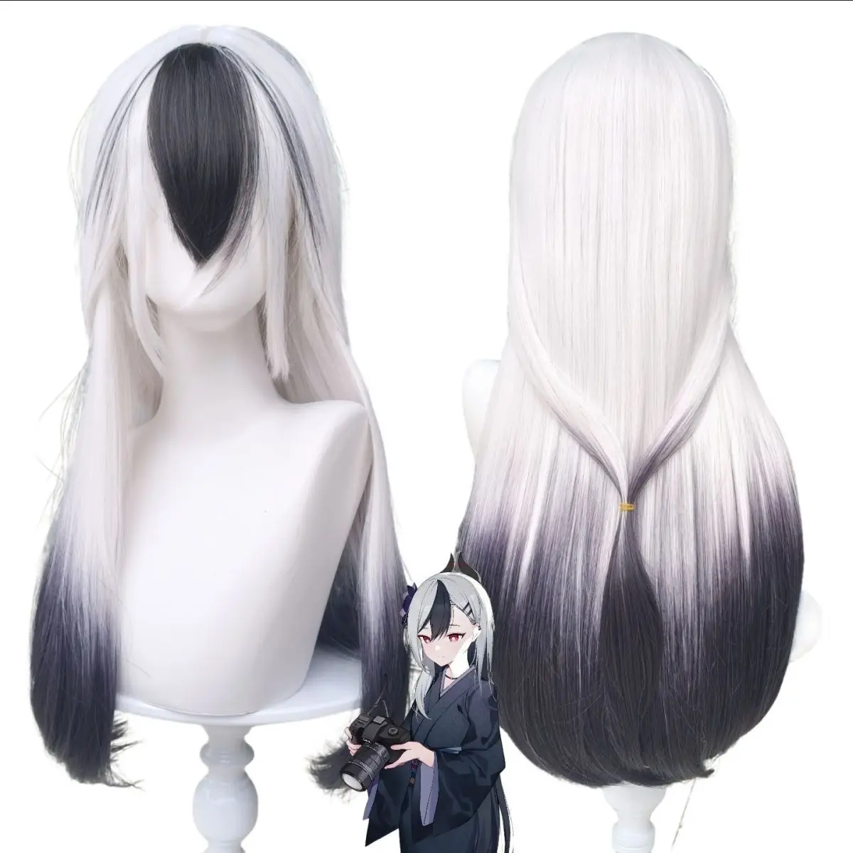 Anime 75CM Onikata Kayoko Cosplay Wig Black and White Gradient Long Synthetic Hair Ponytail wig horn headpiece costumes