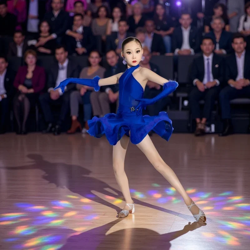 

Girls Latin Dance Dress with Feathers Kids Cha Cha Rumba Competition Performance Costume Stage Wear for Dance Competitions