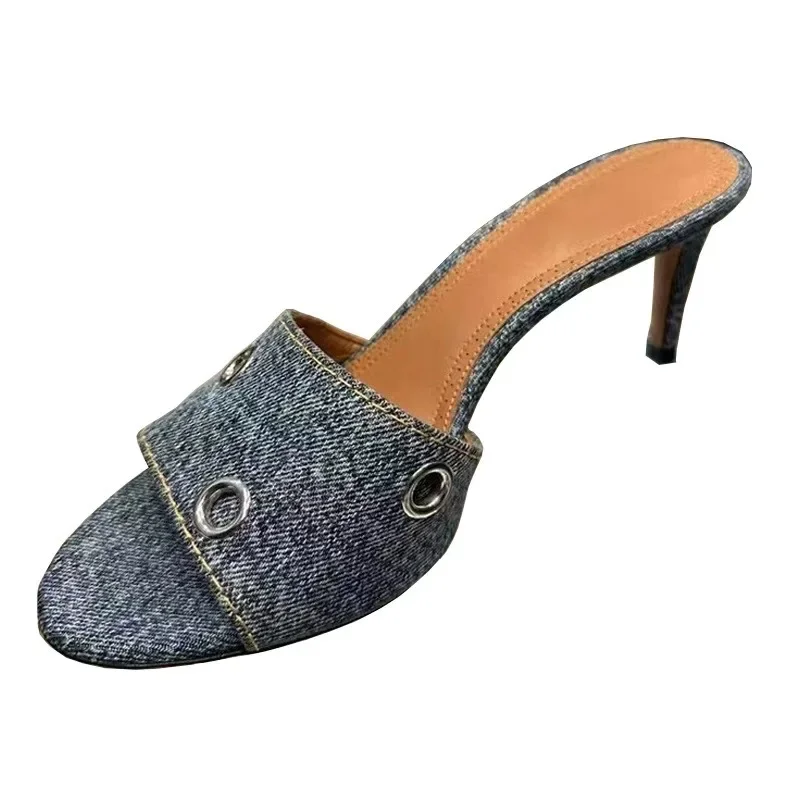 Rivet Eyelet Studded Women Kitten High Thin Heel Pumps Mules Sandals Open Toe Slippers Summer Daily Luxury Fashion Casual Shoes