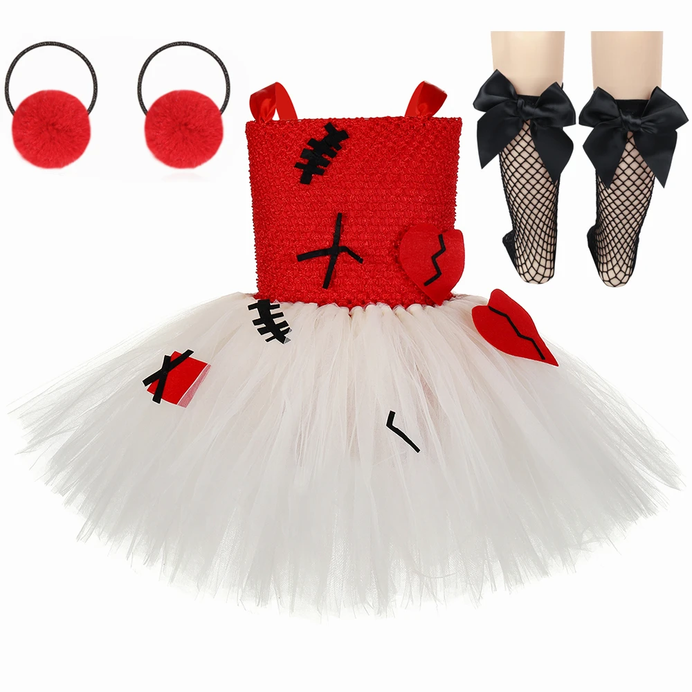 Creepy Broken Voodoo Doll Costume for Girls Scary Halloween Tulle Tutu Dress Toddler Kids Carnival Party Dress Up Clothes Set