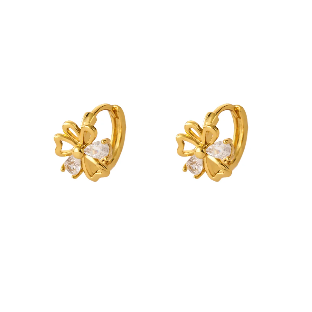 Goldfarbene Kupfer-Blumen-Huggie-Creolen für Damen, mit klaren Zirkonia-Steinen, hohlen Blütenblättern, zarter Blumen-Ohrringe, Hochzeitsschmuck, Geschenk – Detail 8