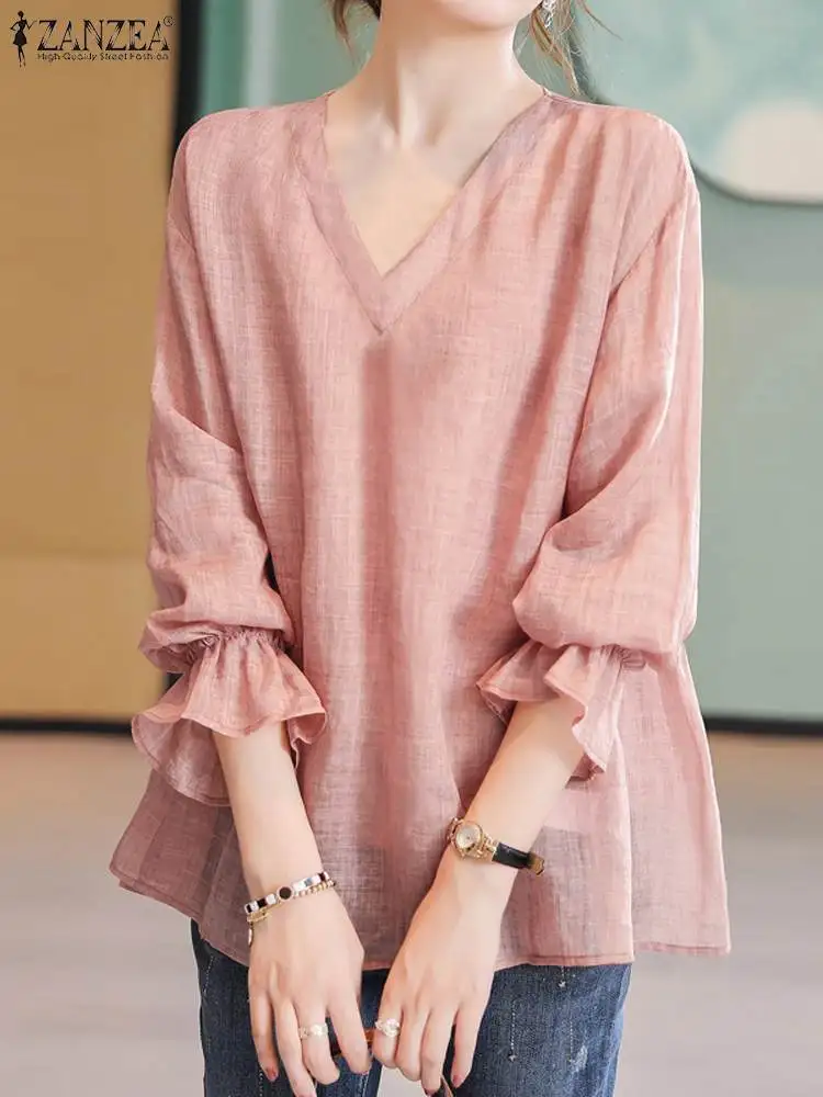 ZANZEA 2024 Summer Women Solid Chic Blouse Vintage Long Sleeve V-neck Shirts Fashion Casual Loose Holiday Tops Tunics Oversized