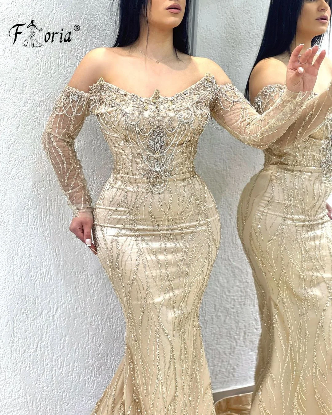 Dubai Champagne Mermaid Formal Party Dress Off Shoulder Handmade Beads Crystal Long Sleeves Evening Prom Dresses Wedding Gowns