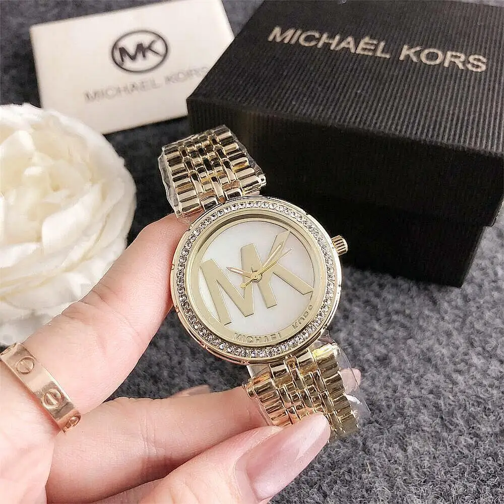 Michael Kors Women Fashion Diamond Inlaid Wristwatch Luxury Design Alloy Quartz Watch Business Style Watch Ladies Exquisite Gift