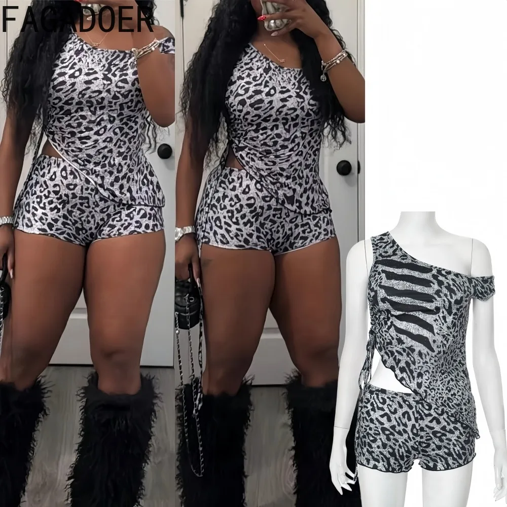 

FAGADOER Sexy Zebra Leopard Print Two Piece Outfits Woman Inclined Shoulder Drawstring Irregular Tank Top + Shorts Matching Suit