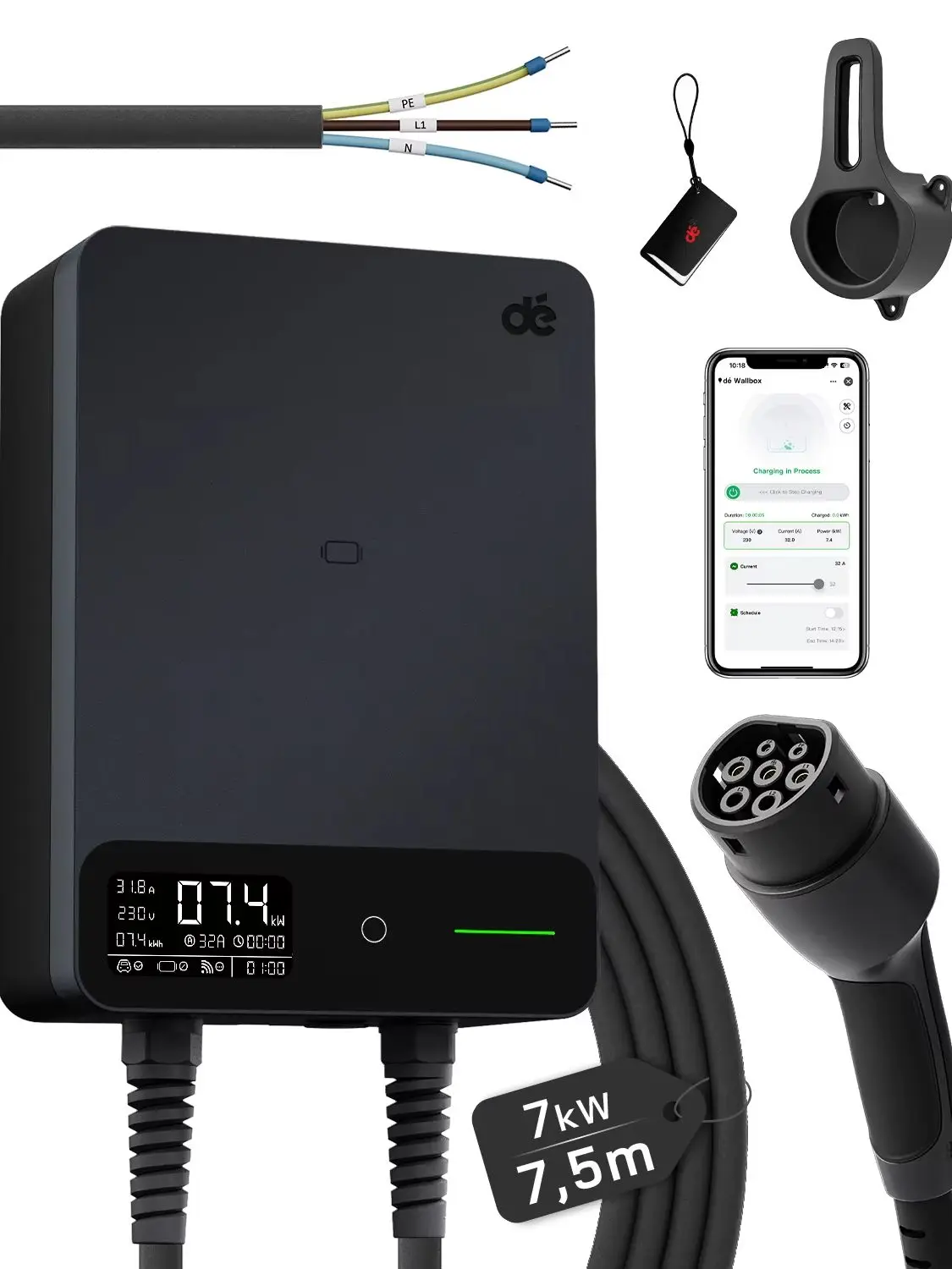 dé Wallbox 7,4kW Typ 2 32A 1-Phasen APP-Steuerung Elektroauto-Ladestation RFID-Karte EVSE Heimladestation 5m 7,5m 10m 12,5m 15m Kabel