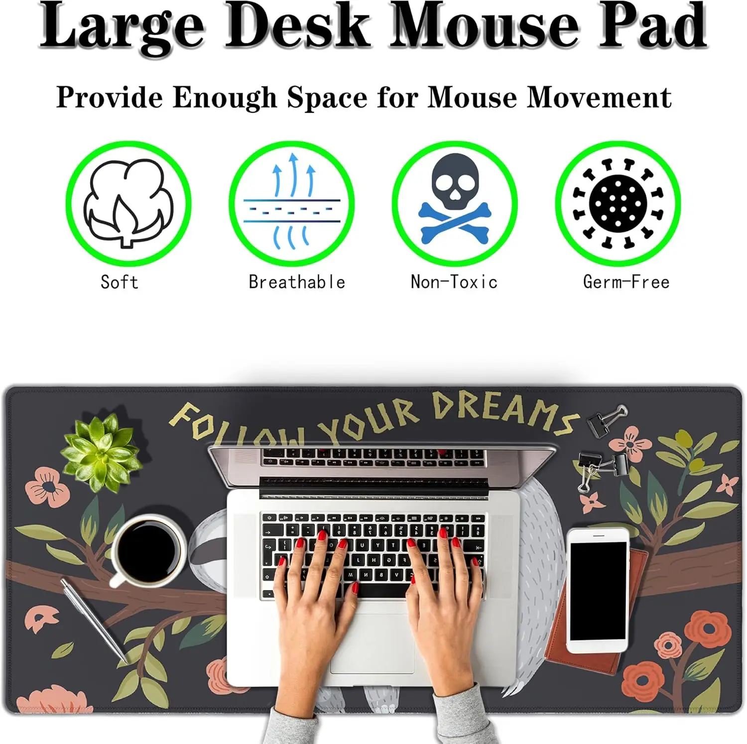 Cute Sloth on Tree Desk Mat – Extra Large Non-Slip Mouse Pad with Dreamy Animal Design for Work, Gaming & Office