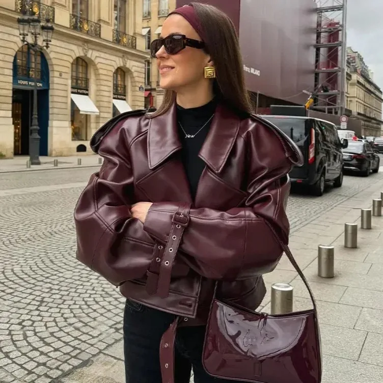 

Wine Red Retro Women's PU Jacket Autumn and Winter Women's Street Temperament Lapel Tie Warm Slim Fit Office Casual Short Jacket
