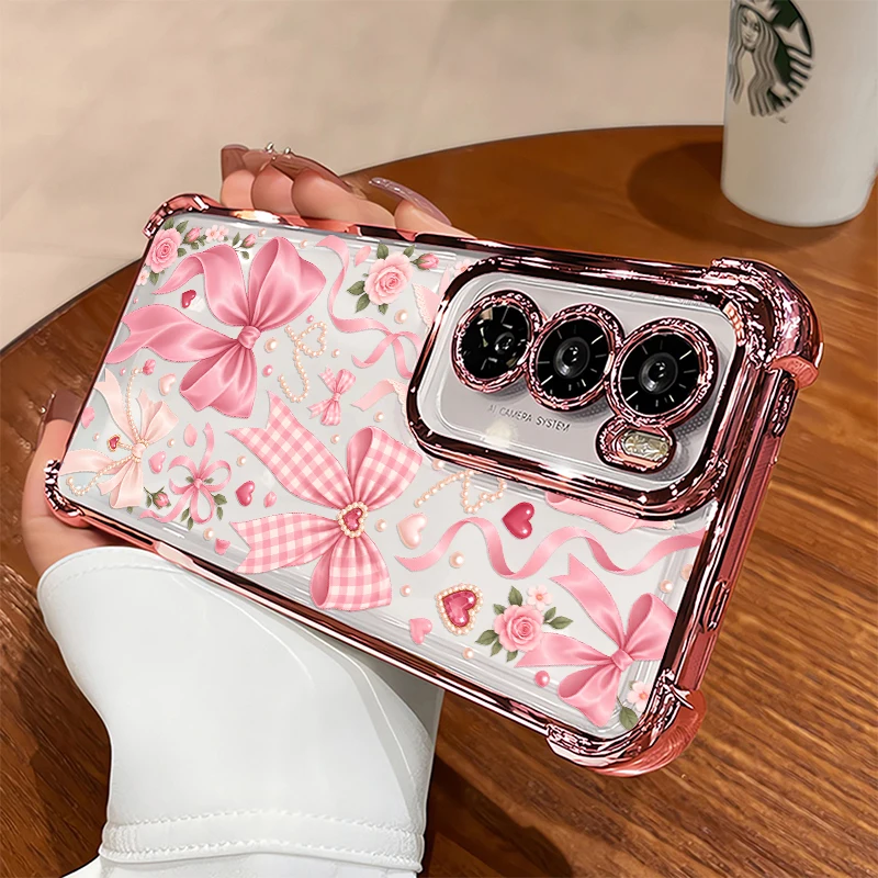 Cute Floral Pink Bow Print Phone Case For OPPO A98 A97 A95 A92 A93 A78 A74 A73 A72 A80 A96 Four-Corners Soft Silicone Cases Etui