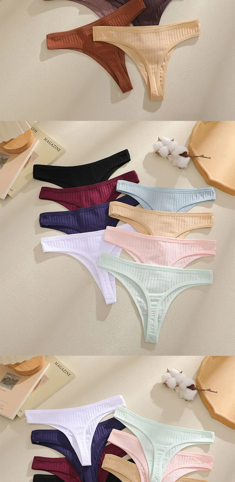 FINETOO 6er-Set Damen gerippte Baumwoll-Tangas, niedrige Taille, atmungsaktive G-String-Unterwäsche, sexy T-Back-Dessous für Frauen – Detail 5