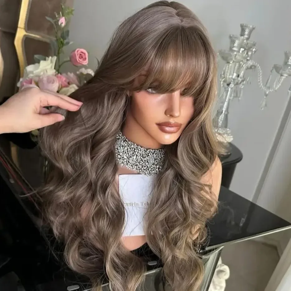 

Ombre Темно-коричневые Прозрачные Парики Шнурка Роскошные Волнистые Парики С Челкой Синтетические Парики Для Женщин Предварительно Сорванные Коричневые Парики Объемной Волны