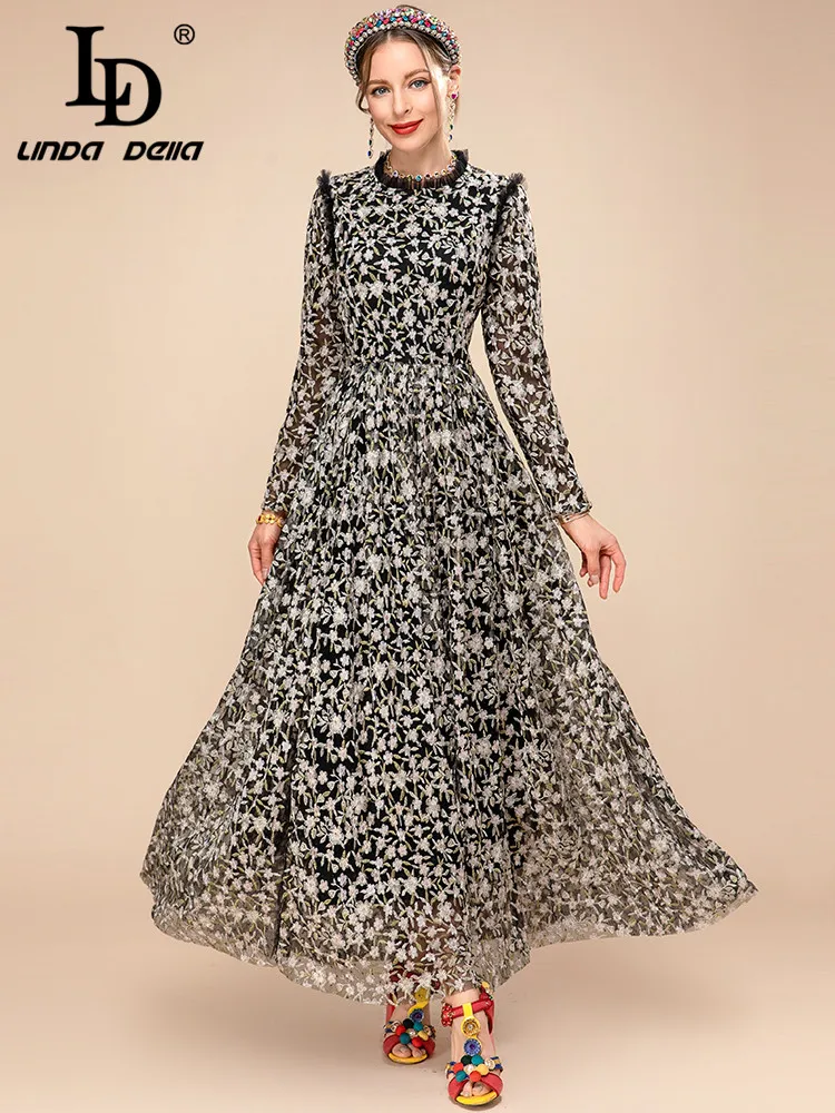 LD LINDA DELLA 2023 New Spring Runway Mesh Dress Women Long sleeve Floral Embroidery Black Vintage Elegant Party Long Dress