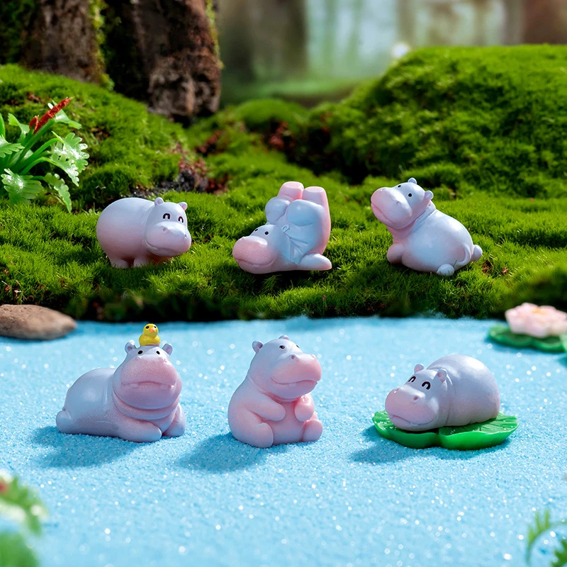 Estatua de hipopótamo de resina, figuritas pequeñas de hipopótamo, Mini escultura artesanal de arte Animal de dibujos animados para salpicadero de coche, decoración del hogar, 6 uds.