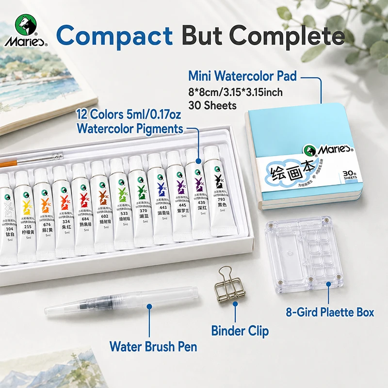 16pcs Maries Watercolor Travel Painting Kit,12 Color 5ml/0.17oz Paint with Blue Pocket Pad,Paint Box,Binder Clip,Brush Pen