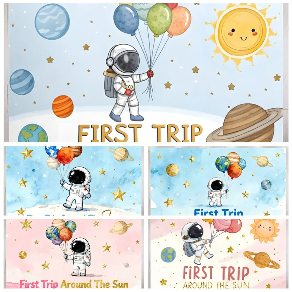 

Cartoon Astronaut Planet Balloon Photo Backdrop Kids First Birthday Party Portrait Home Decor Photography Background Studio Prop